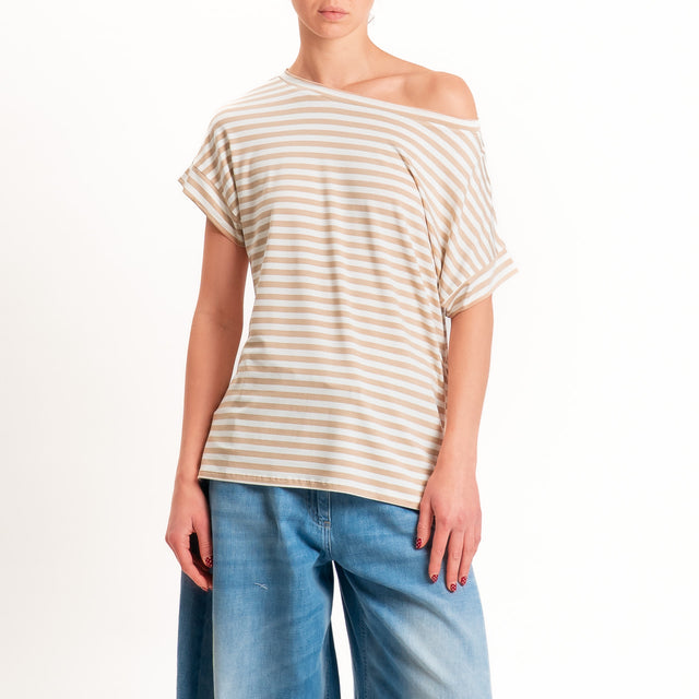 Zeroassoluto T-shirt a righe scatola in jersey - biscotto/latte
