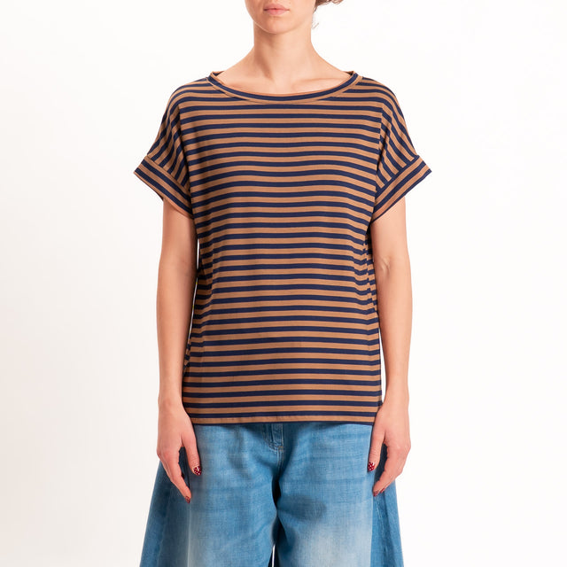 Zeroassoluto T-shirt a righe scatola in jersey - blu/cuoio
