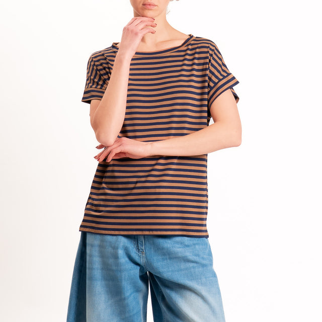 Zeroassoluto T-shirt a righe scatola in jersey - blu/cuoio
