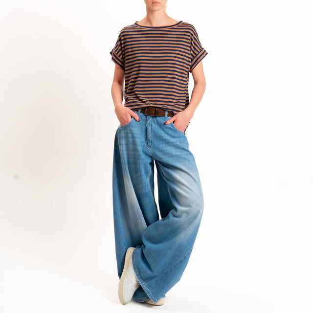 Zeroassoluto T-shirt a righe scatola in jersey - blu/cuoio