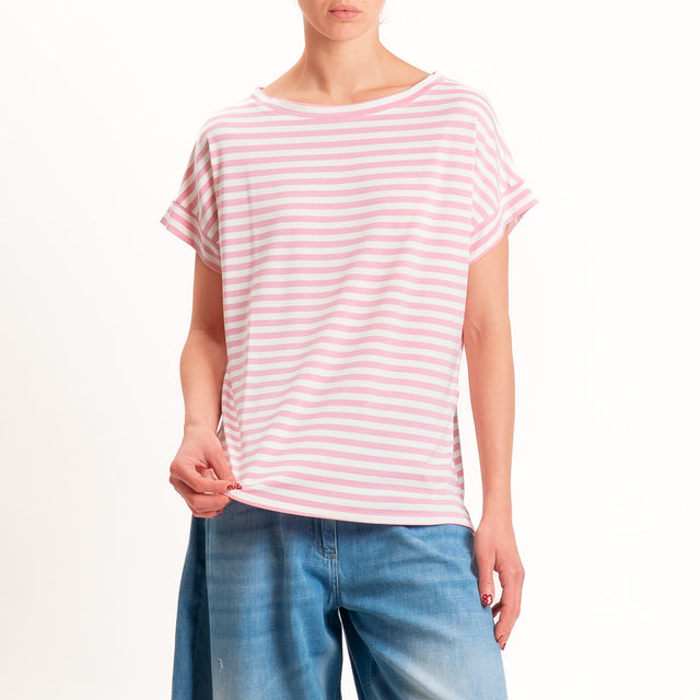 Zeroassoluto T-shirt a righe scatola in jersey - pink/latte