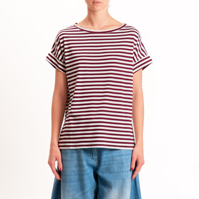 Zeroassoluto T-shirt a righe scatola in jersey - vino/latte