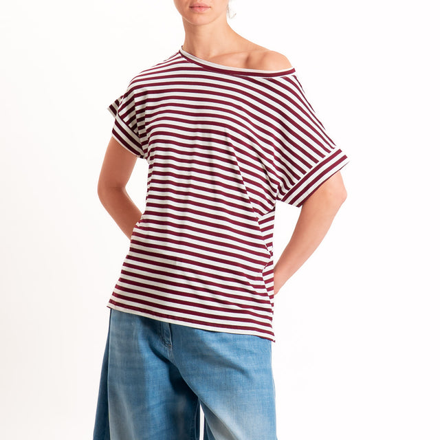 Zeroassoluto T-shirt a righe scatola in jersey - vino/latte