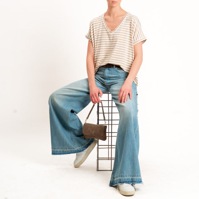 Zeroassoluto-T-shirt a righe scollo a v in jersey di viscosa elasticizzata - biscotto/latte