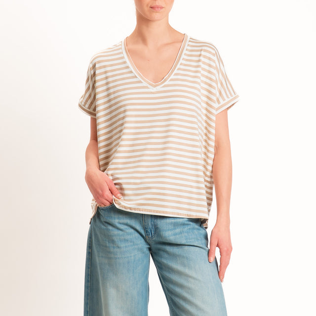 Zeroassoluto-T-shirt a righe scollo a v in jersey di viscosa elasticizzata - biscotto/latte