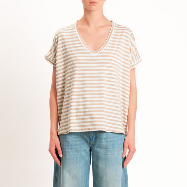Zeroassoluto-T-shirt a righe scollo a v in jersey di viscosa elasticizzata - biscotto/latte