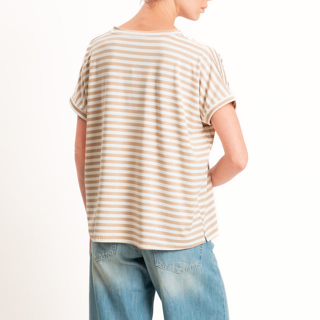 Zeroassoluto-T-shirt a righe scollo a v in jersey di viscosa elasticizzata - biscotto/latte