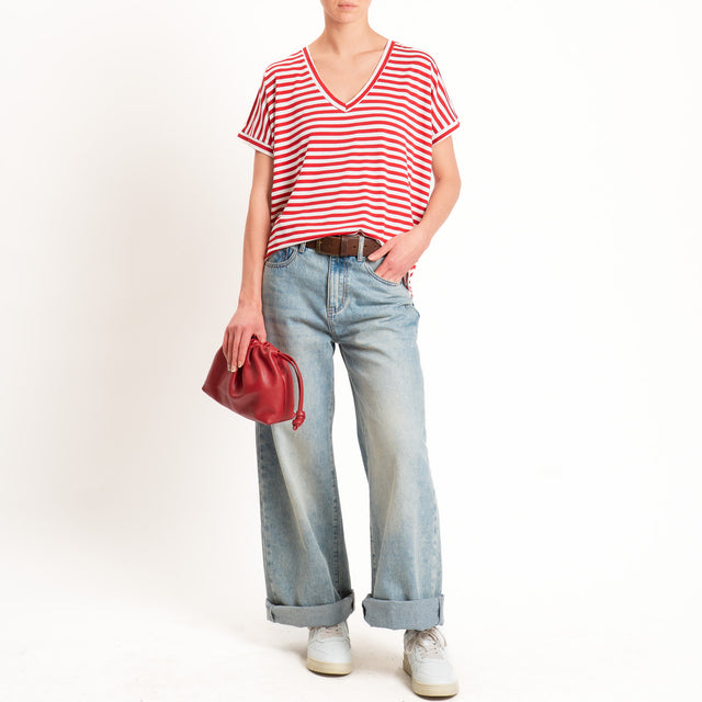 Zeroassoluto-T-shirt a righe scollo a v in jersey di viscosa elasticizzata - rosso/latte