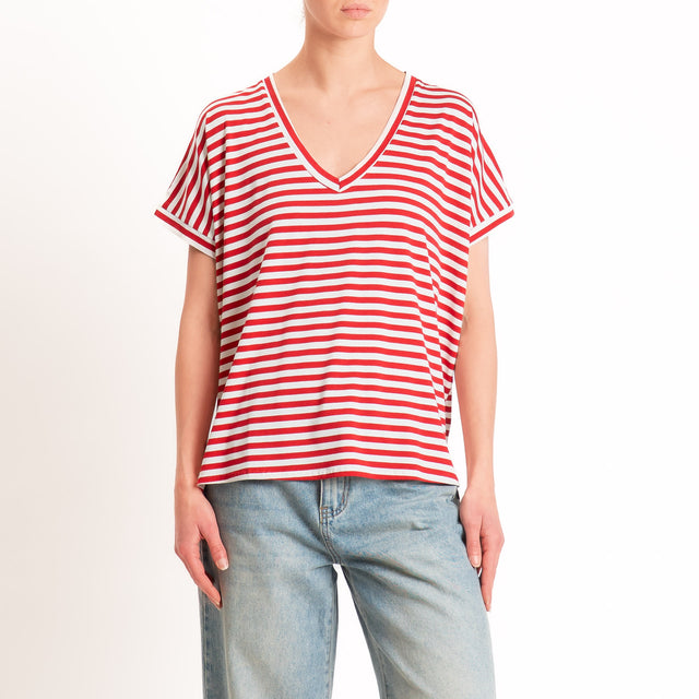 Zeroassoluto-T-shirt a righe scollo a v in jersey di viscosa elasticizzata - rosso/latte