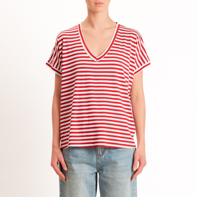Zeroassoluto-T-shirt a righe scollo a v in jersey di viscosa elasticizzata - rosso/latte