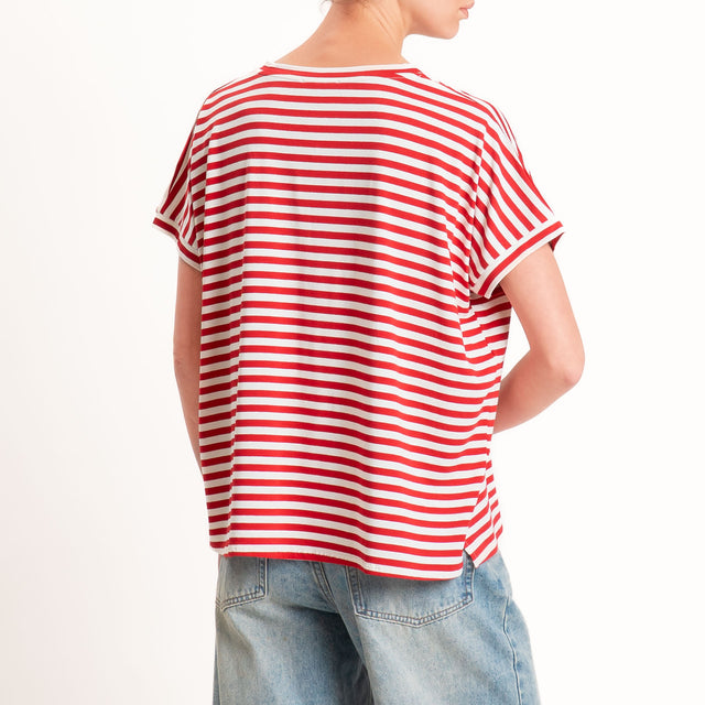 Zeroassoluto-T-shirt a righe scollo a v in jersey di viscosa elasticizzata - rosso/latte