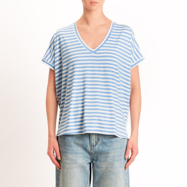 Zeroassoluto-T-shirt a righe scollo a v in jersey di viscosa elasticizzata - jeans/latte
