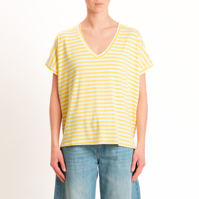 Zeroassoluto-T-shirt a righe scollo a v in jersey di viscosa elasticizzata - yellow/latte