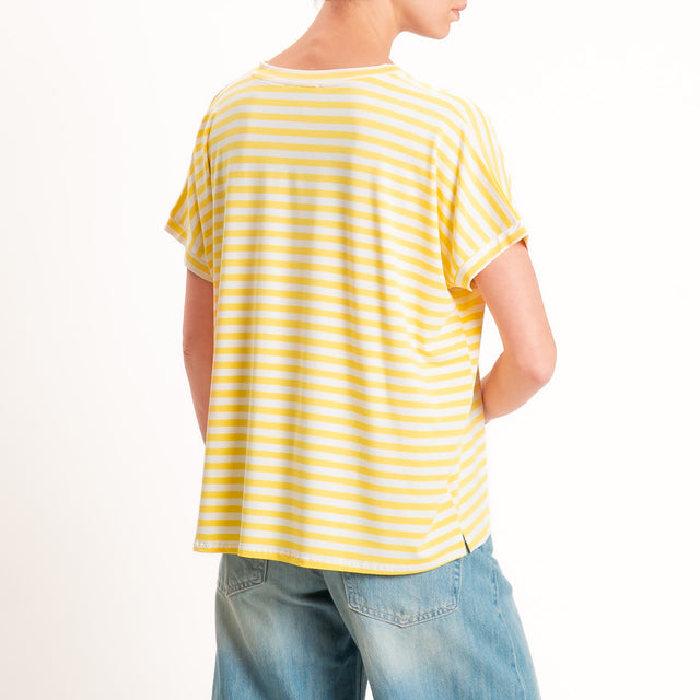 Zeroassoluto-T-shirt a righe scollo a v in jersey di viscosa elasticizzata - yellow/latte