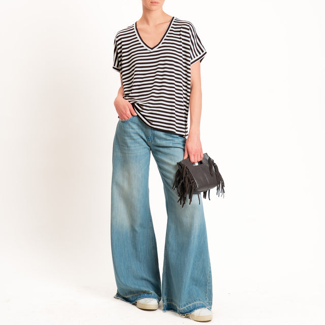 Zeroassoluto-T-shirt a righe scollo a v in jersey di viscosa elasticizzata - moro/latte