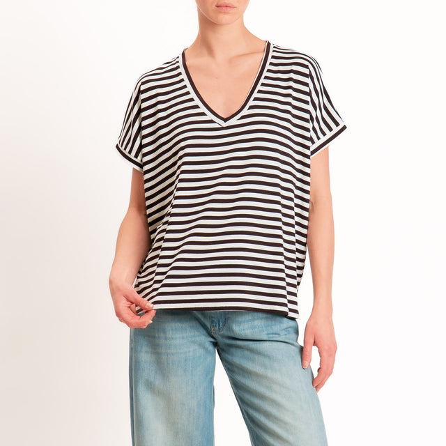 Zeroassoluto-T-shirt a righe scollo a v in jersey di viscosa elasticizzata - moro/latte