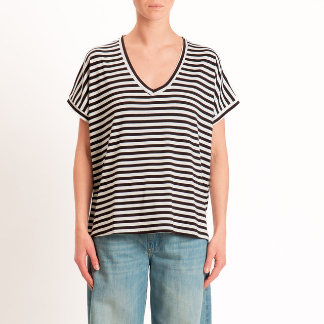 Zeroassoluto-T-shirt a righe scollo a v in jersey di viscosa elasticizzata - moro/latte
