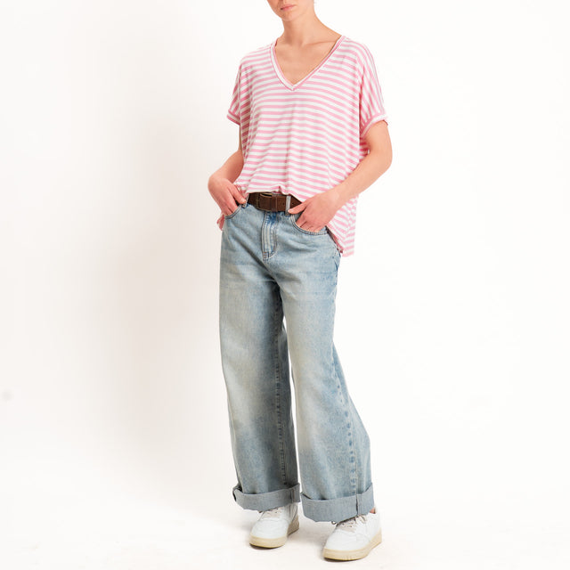 Zeroassoluto-T-shirt a righe scollo a v in jersey di viscosa elasticizzata - pink/latte
