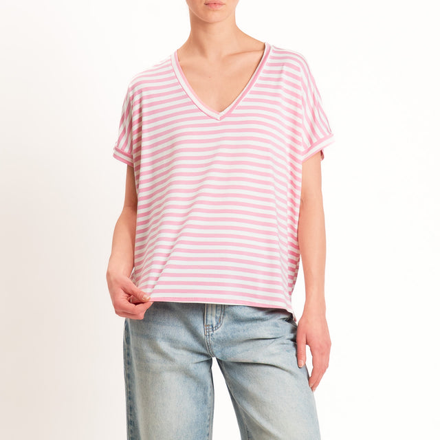 Zeroassoluto-T-shirt a righe scollo a v in jersey di viscosa elasticizzata - pink/latte