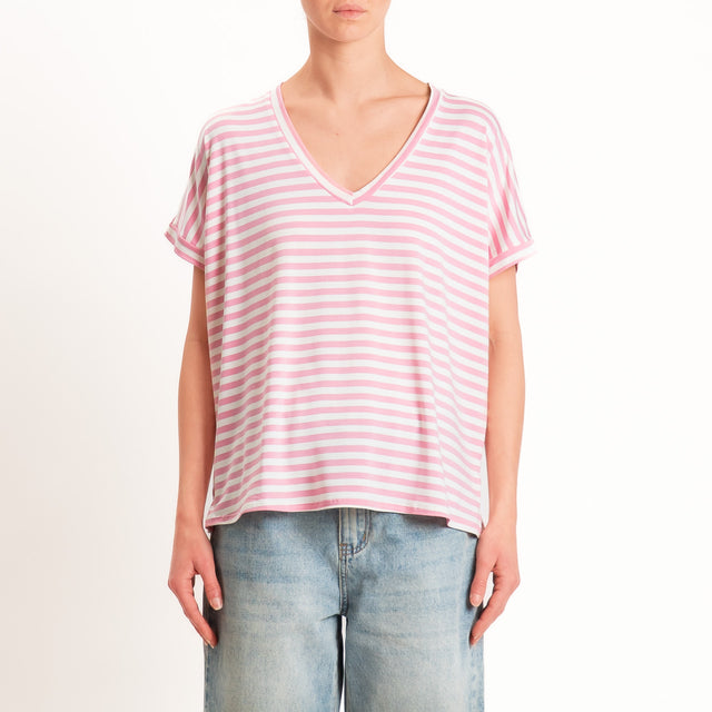 Zeroassoluto-T-shirt a righe scollo a v in jersey di viscosa elasticizzata - pink/latte