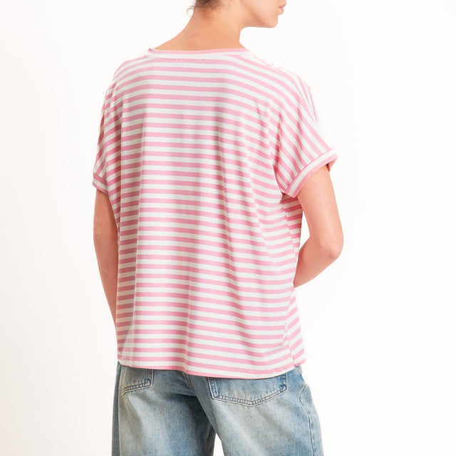 Zeroassoluto-T-shirt a righe scollo a v in jersey di viscosa elasticizzata - pink/latte
