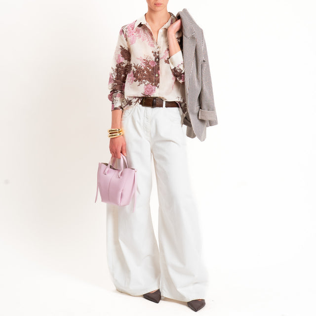 Zeroassoluto-Camicia MIA in mussola seta/cotone - fiori burro/moro/rosa