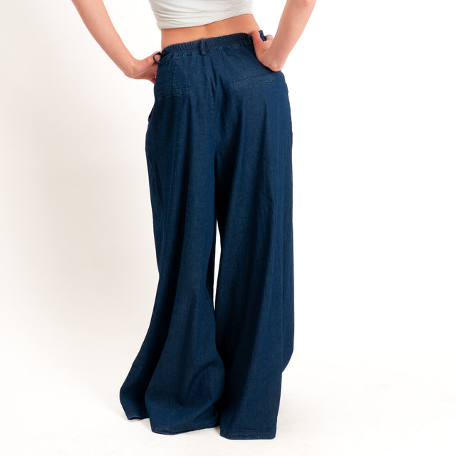 Zeroassoluto-Pantalone LANY palazzo chambray leggero elasticizzato - denim blu