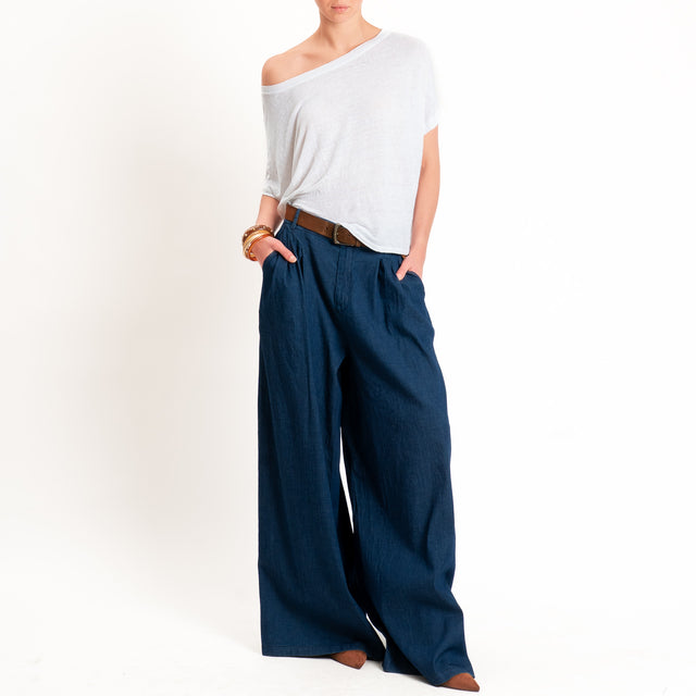 Zeroassoluto-Pantalone LANY palazzo chambray leggero elasticizzato - denim blu