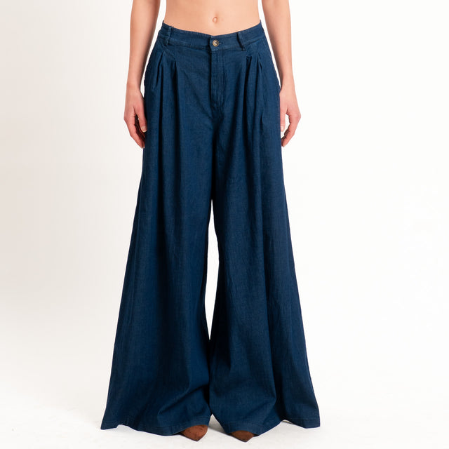 Zeroassoluto-Pantalone LANY palazzo chambray leggero elasticizzato - denim blu