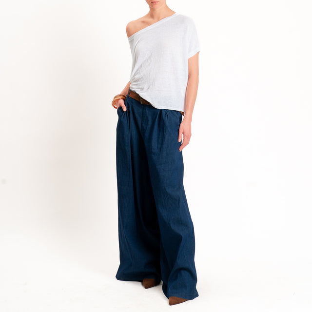 Zeroassoluto-Pantalone LANY palazzo chambray leggero elasticizzato - denim blu