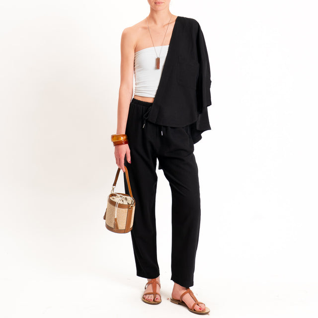 Zeroassoluto-Pantalone LERRY misto lino con coulisse - nero