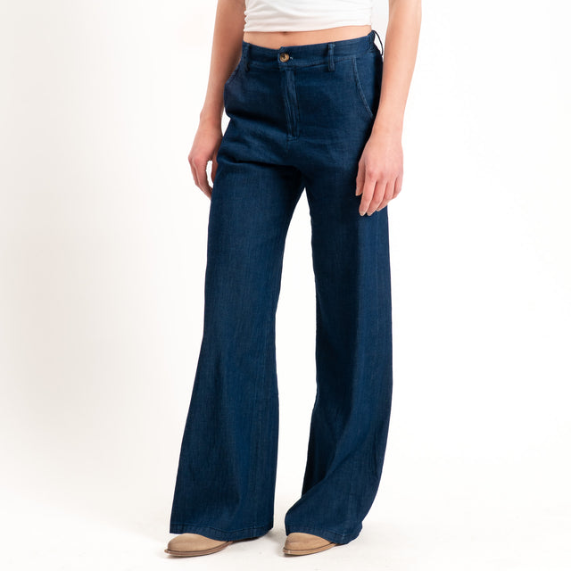 Zeroassoluto-Pantalone LILLY palazzo chambray leggero elasticizzato - denim blu