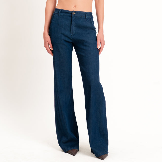 Zeroassoluto-Pantalone LILLY palazzo chambray leggero elasticizzato - denim blu