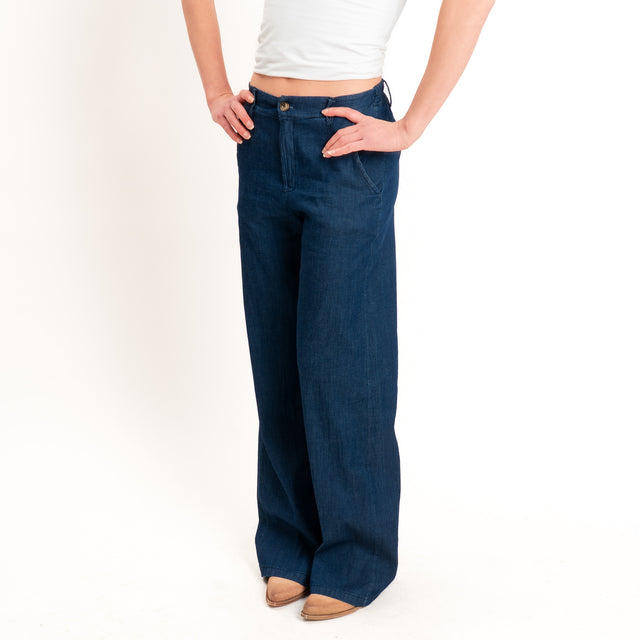 Zeroassoluto-Pantalone LILLY palazzo chambray leggero elasticizzato - denim blu