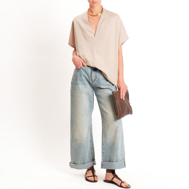 Zeroassoluto-Blusa LUDO misto lino scollo v - desert