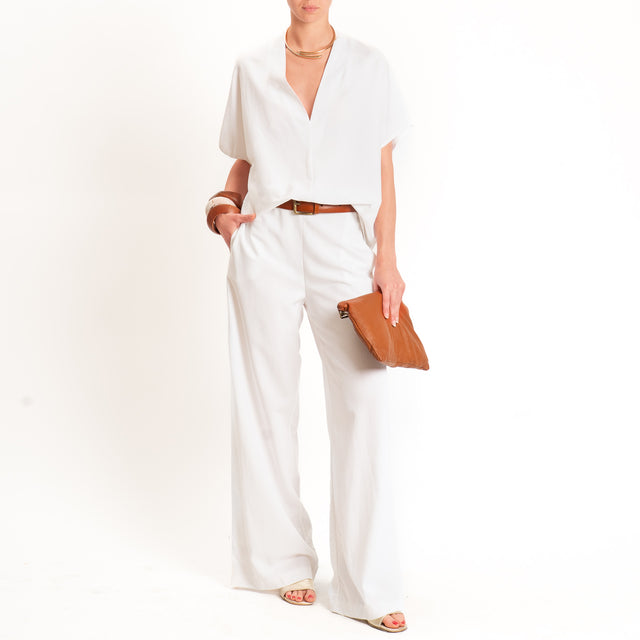 Zeroassoluto-Blusa LUDO misto lino scollo v - bianco
