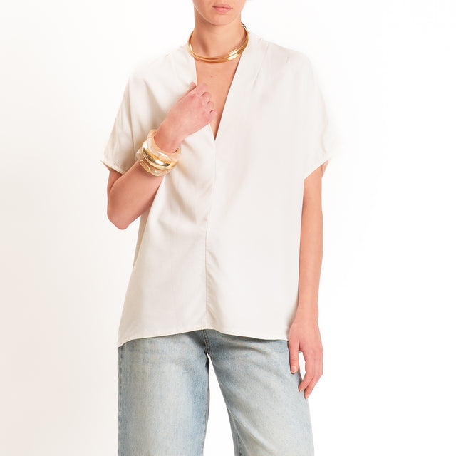 Zeroassoluto-Blusa LUDO misto lino scollo v - burro