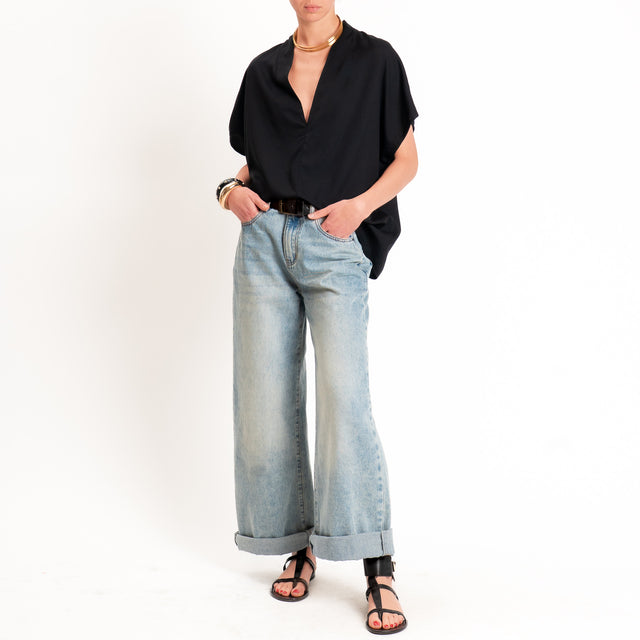 Zeroassoluto-Blusa LUDO misto lino scollo v - nero