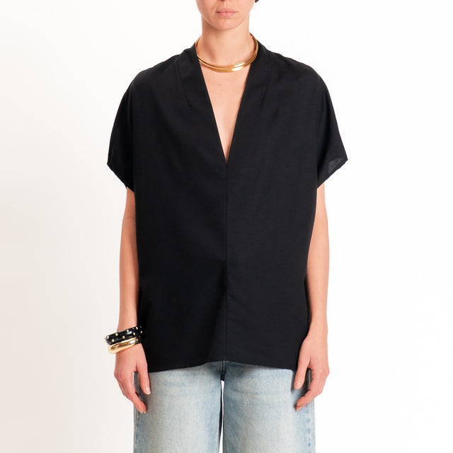 Zeroassoluto-Blusa LUDO misto lino scollo v - nero