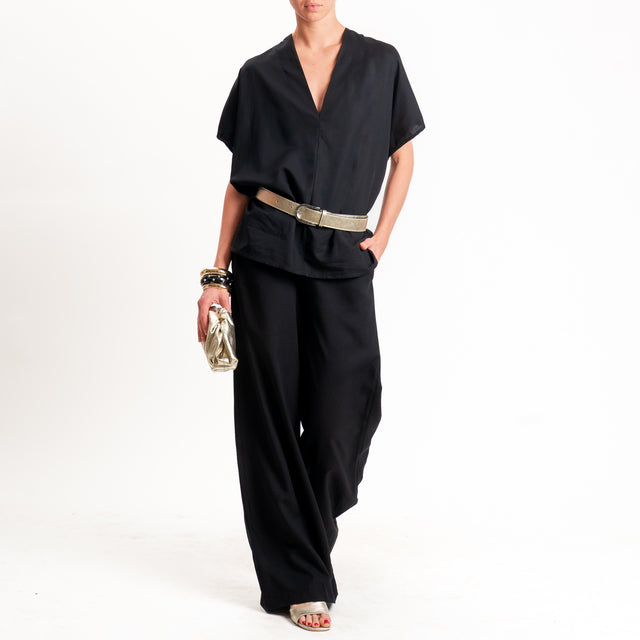 Zeroassoluto-Blusa LUDO misto lino scollo v - nero