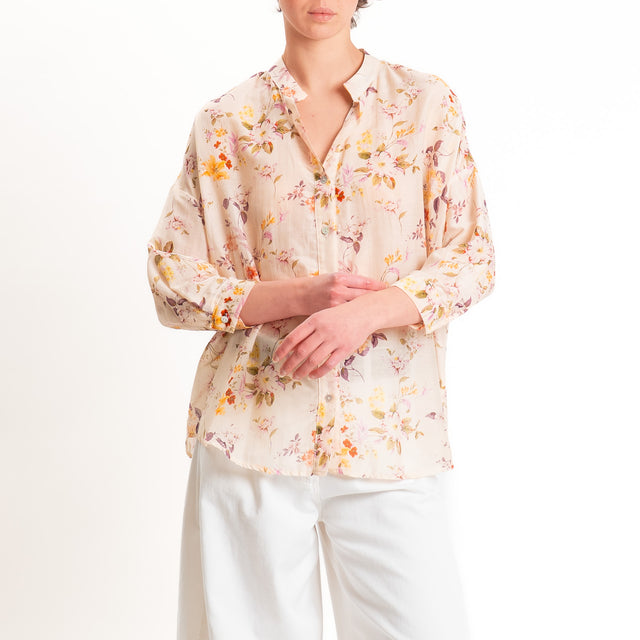 Zeroassoluto-Camicia MAIA mussola seta/cotone - fiori cipria/mauve