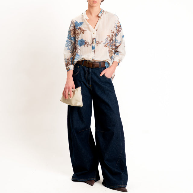 Zeroassoluto-Camicia MAIA mussola seta/cotone - fiori burro/jeans/choco