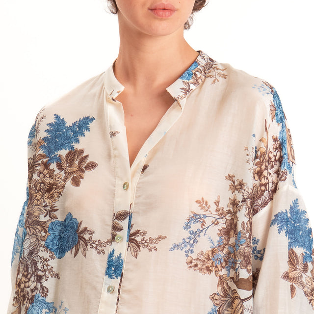 Zeroassoluto-Camicia MAIA mussola seta/cotone - fiori burro/jeans/choco