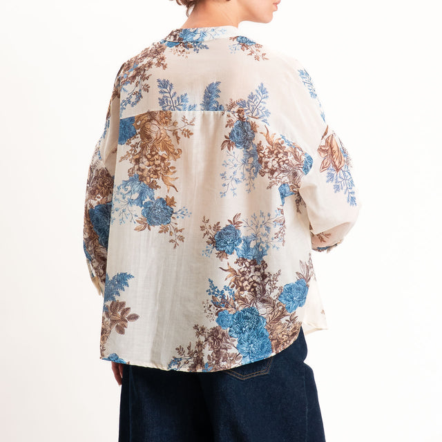 Zeroassoluto-Camicia MAIA mussola seta/cotone - fiori burro/jeans/choco