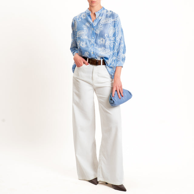 Zeroassoluto-Camicia MAIA mussola in lyocel - ricami azzurro/bianco