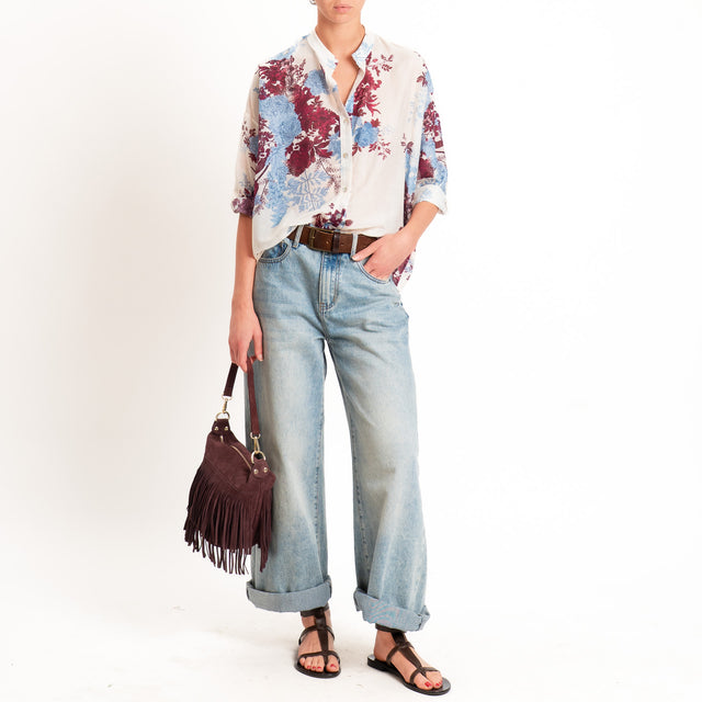 Zeroassoluto-Camicia MAIA mussola seta/cotone - fiori burro/jeans/malva