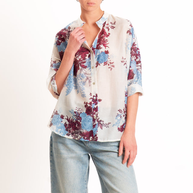 Zeroassoluto-Camicia MAIA mussola seta/cotone - fiori burro/jeans/malva