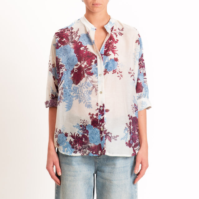 Zeroassoluto-Camicia MAIA mussola seta/cotone - fiori burro/jeans/malva