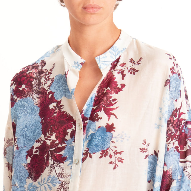 Zeroassoluto-Camicia MAIA mussola seta/cotone - fiori burro/jeans/malva