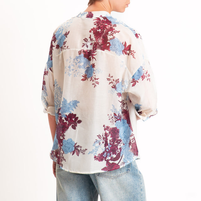Zeroassoluto-Camicia MAIA mussola seta/cotone - fiori burro/jeans/malva